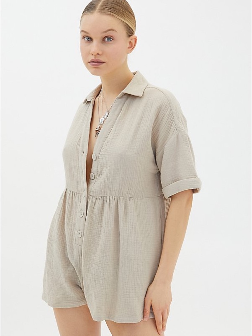 Urban Outfitters Beige Gauze Button Romper